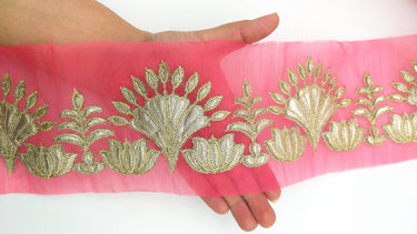 Pink Tissue Fabric Lace Trim with Gota Patti Embroidery, Foiled Embroidery in Silver, Sari Border Trim By Yard Decorative Trim Craft Lace